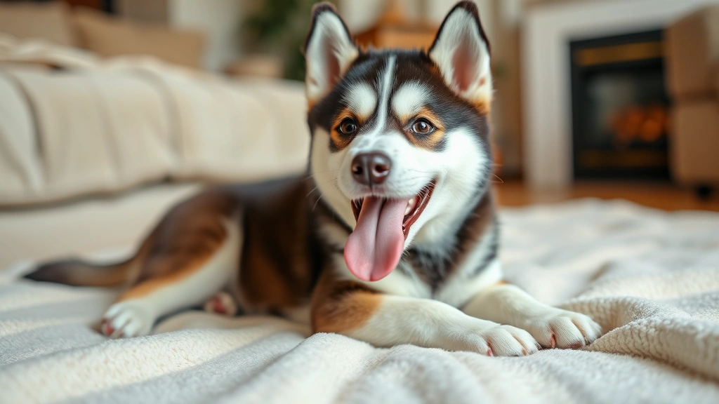 Playful husky puppy with tongue out, lying on soft blanket indoors, warm home environment, cozy setting