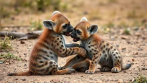 A young hyena cub playing with its littermate in an African savanna setting, showing playful interaction and natural behavior