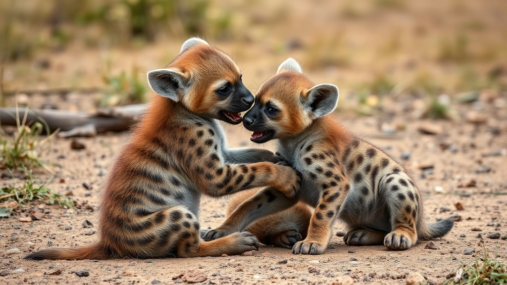 A young hyena cub playing with its littermate in an African savanna setting, showing playful interaction and natural behavior