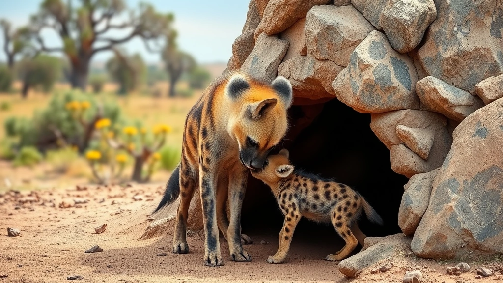 Mother spotted hyena nuzzling her cub in front of a rocky den entrance, showing protective maternal behavior, African savanna landscape with acacia trees in background, photorealistic wildlife scene