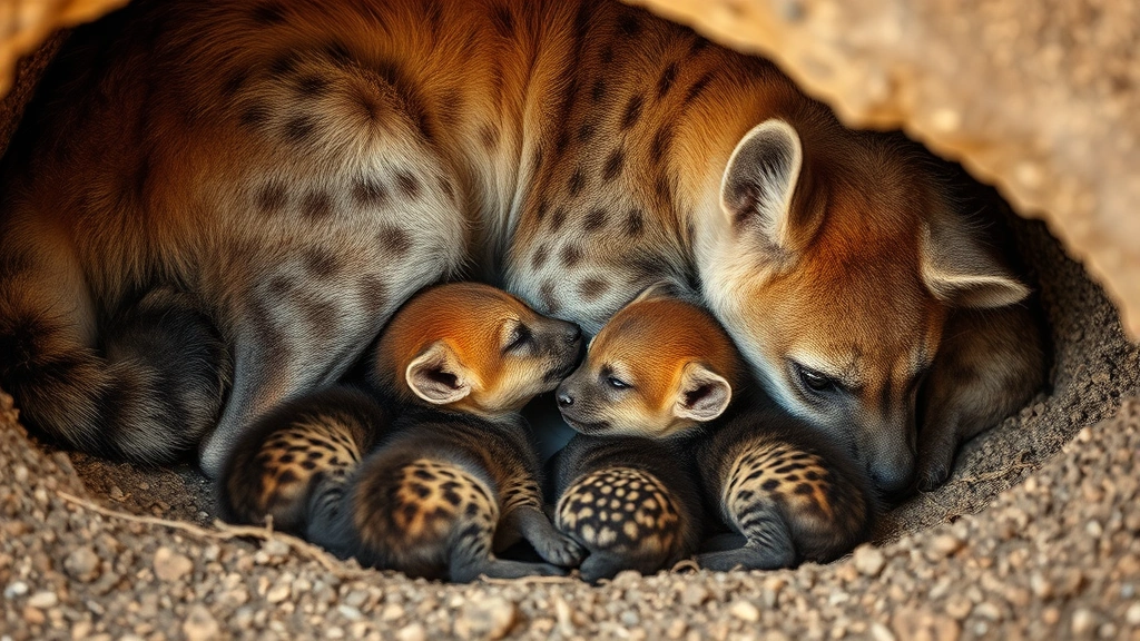 A mother hyena nursing her cubs inside a den, demonstrating maternal care and bonding in their natural habitat