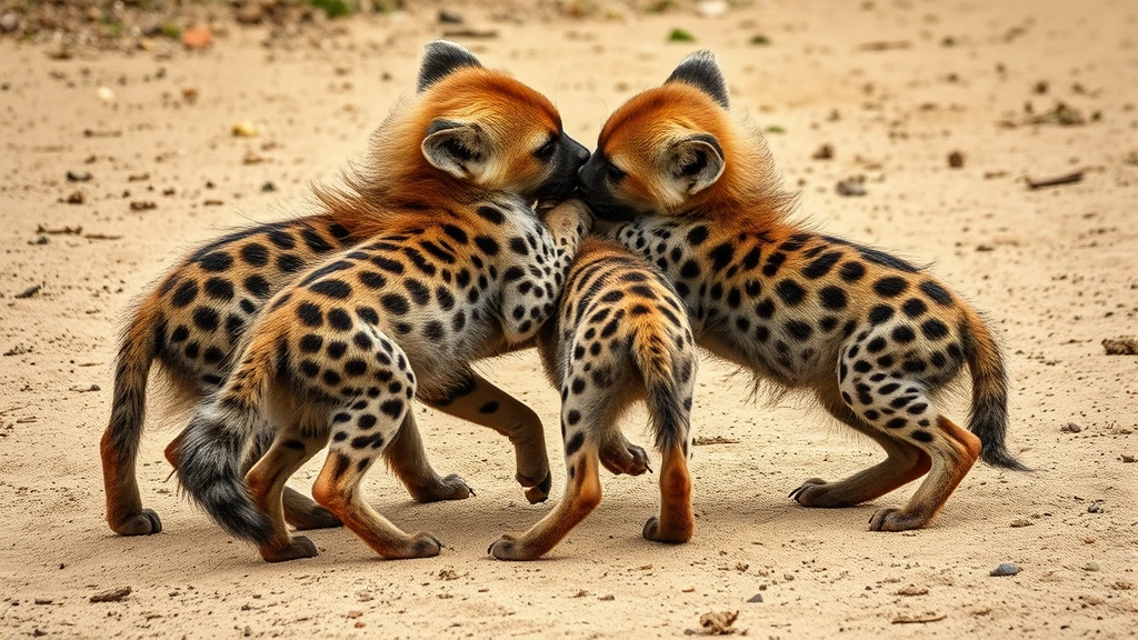 Multiple hyena cubs engaged in playful rough wrestling with each other on sandy ground, demonstrating sibling interaction and social development, natural lighting, wildlife documentary style photography