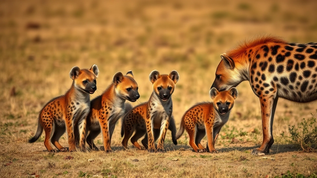 A group of hyena cubs learning to hunt alongside adult clan members on the African plains, showing educational pack behavior