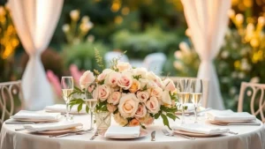 Elegant baby shower setup with soft pastel flowers, delicate table settings, champagne flutes, and warm golden lighting in a garden setting