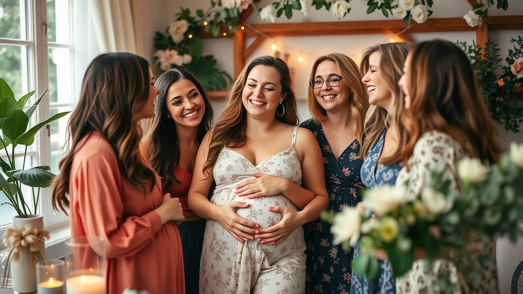 Pregnant woman surrounded by close friends laughing together at an intimate indoor baby shower with string lights and botanical decorations