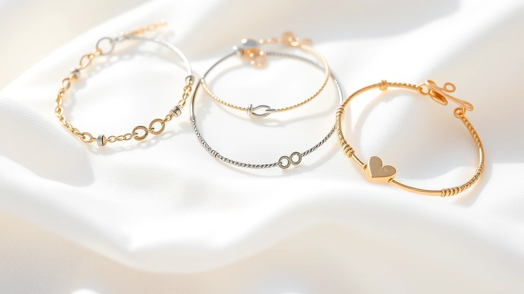 Close-up of delicate baby bracelets and anklets displayed on soft white fabric, showing various metal finishes and closure types in natural lighting