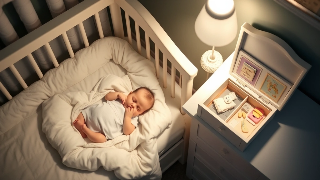 Nursery scene showing a sleeping infant in a crib with soft bedding and a decorative keepsake box on the nearby dresser containing memory items