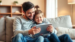 Parent and child sitting together on a couch, child holding a tablet, warm living room lighting, both smiling, natural interaction without screens visible