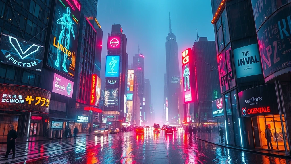 Futuristic cityscape at night with neon lights reflecting off wet streets, towering skyscrapers with holographic advertisements, rain-soaked urban environment, cyberpunk atmosphere