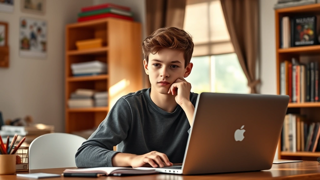 Young teenager at a desk with a laptop, focused expression, bedroom environment with books and creative items on shelves, natural window light, thoughtful posture