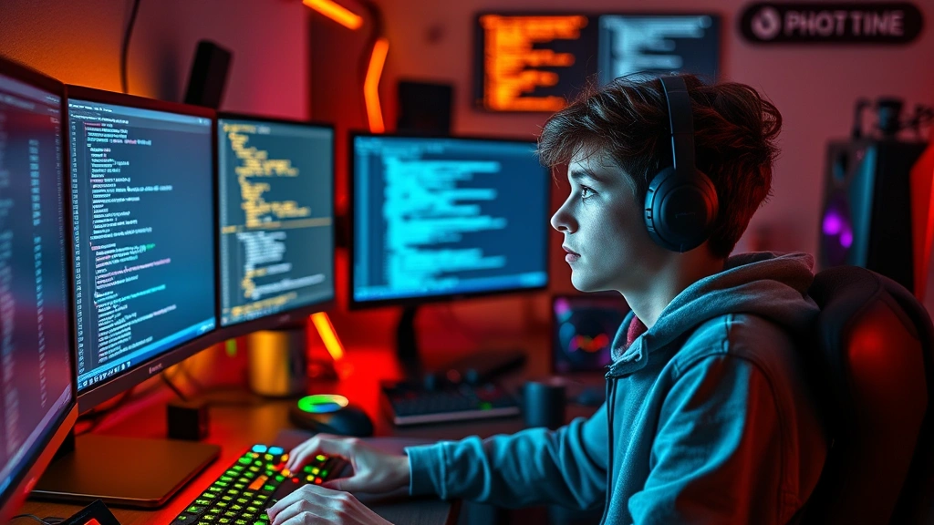 Young person sitting at computer setup with multiple glowing monitors displaying code and data streams, surrounded by tech gadgets and LED lighting, focused expression