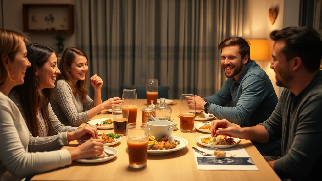 Family sitting around a dinner table with no devices visible, laughing together, food on plates, warm ambient lighting, genuine connection and engagement