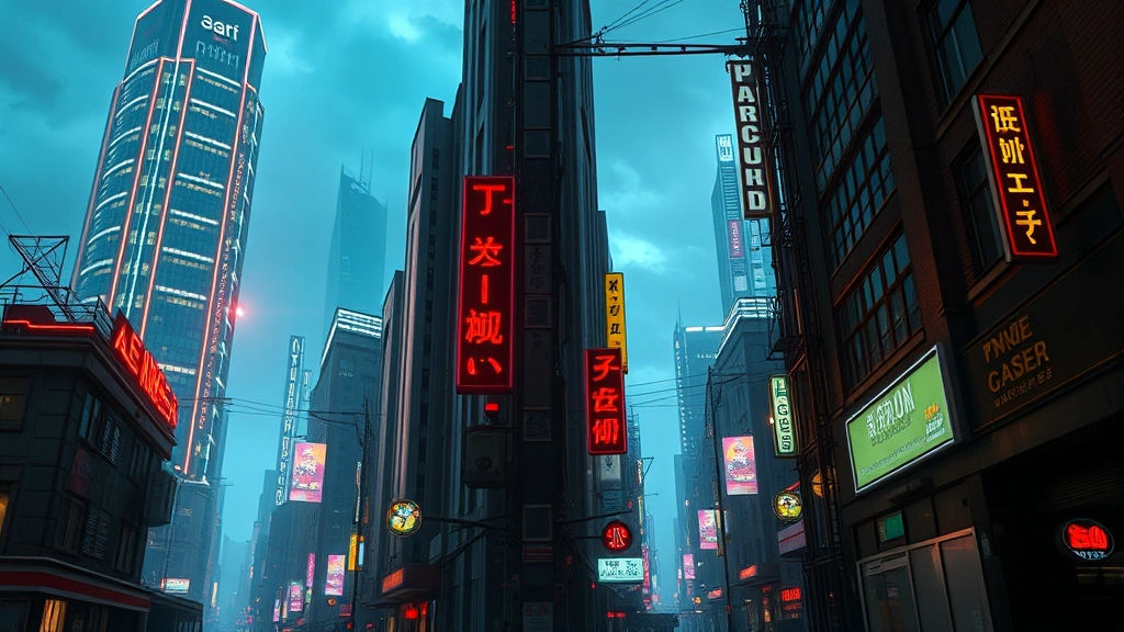 Split composition showing contrast between gleaming corporate tower and rundown street-level slums below, neon signs, futuristic architecture meeting urban decay, cyberpunk inequality theme