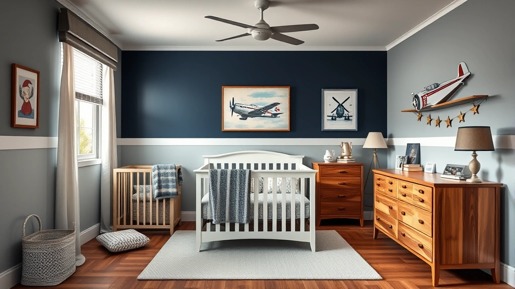 Modern nursery room setup with bold navy and white color scheme, featuring vintage aviation wall art, quality wooden furniture, and adventurous themed decorations without any text