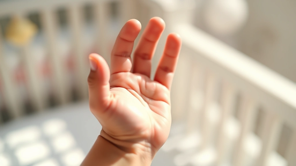 Close-up of tiny newborn hand with delicate fingers curled, soft morning light, peaceful nursery setting with gentle shadows