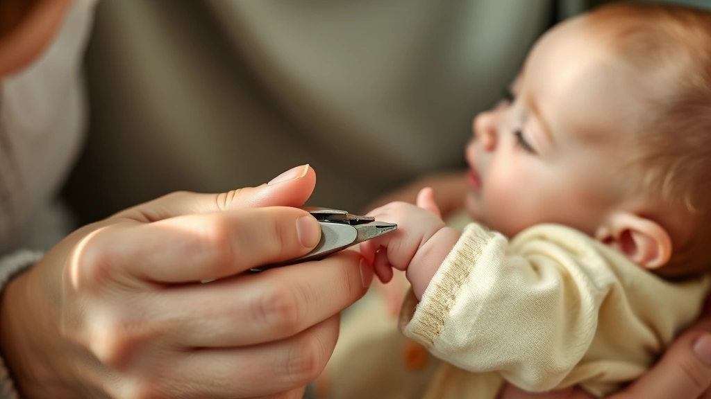 Parent gently trimming baby's fingernails with specialized baby nail clippers, focused hands, warm natural lighting, tender caregiving moment