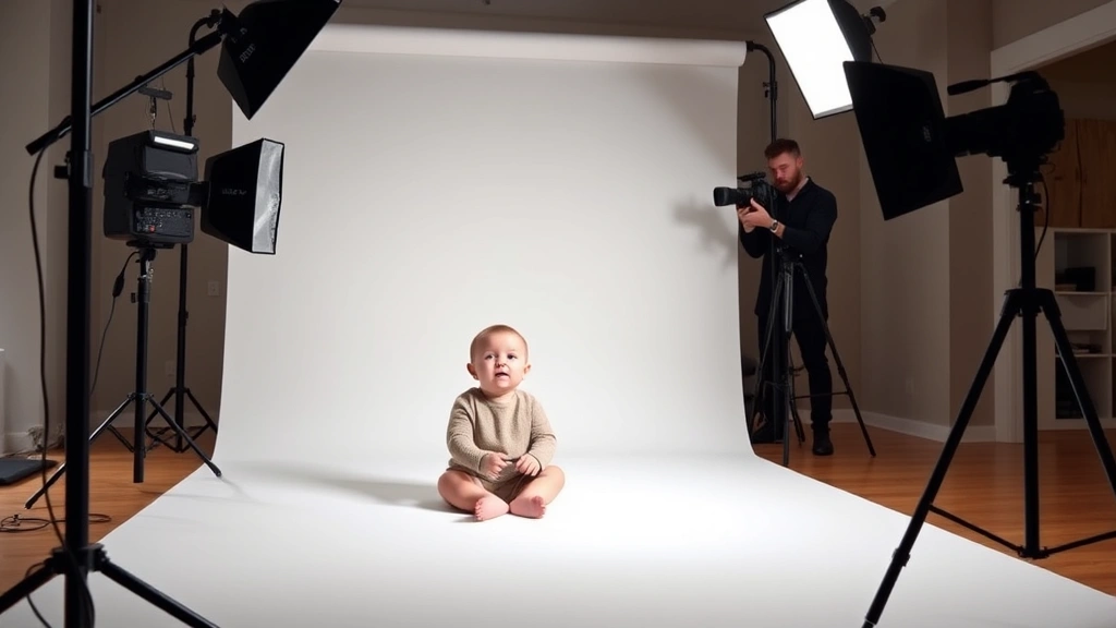 Professional baby photoshoot studio setup with soft natural lighting, a 6-month-old infant in neutral clothing seated on a white backdrop, professional photographer adjusting camera settings in background