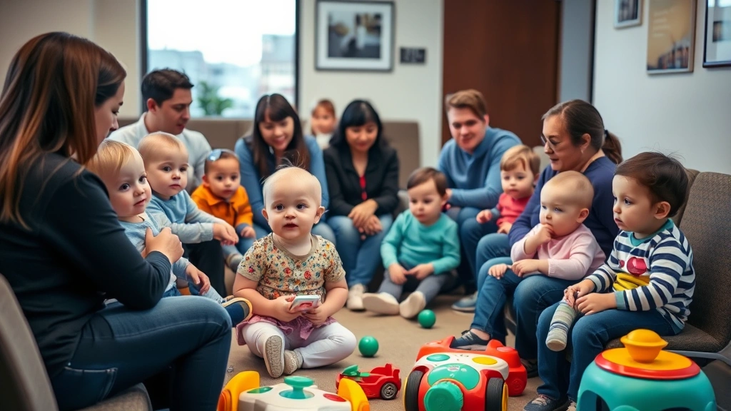 Diverse group of toddlers and babies in a waiting room with parents, some sitting on laps, others playing with toys, warm lighting and calm atmosphere