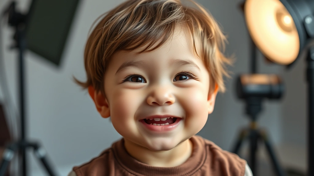 Close-up portrait of an adorable 2-year-old on a professional photo set, natural expressions showing happiness and curiosity, studio lighting setup visible in soft focus
