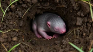 Tiny newborn mole pup in underground burrow surrounded by soil and grass, eyes closed, translucent pink skin visible, extremely small and vulnerable appearance
