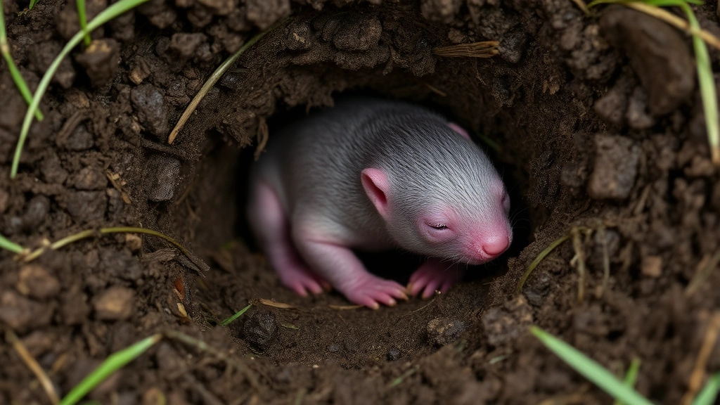 Tiny newborn mole pup in underground burrow surrounded by soil and grass, eyes closed, translucent pink skin visible, extremely small and vulnerable appearance