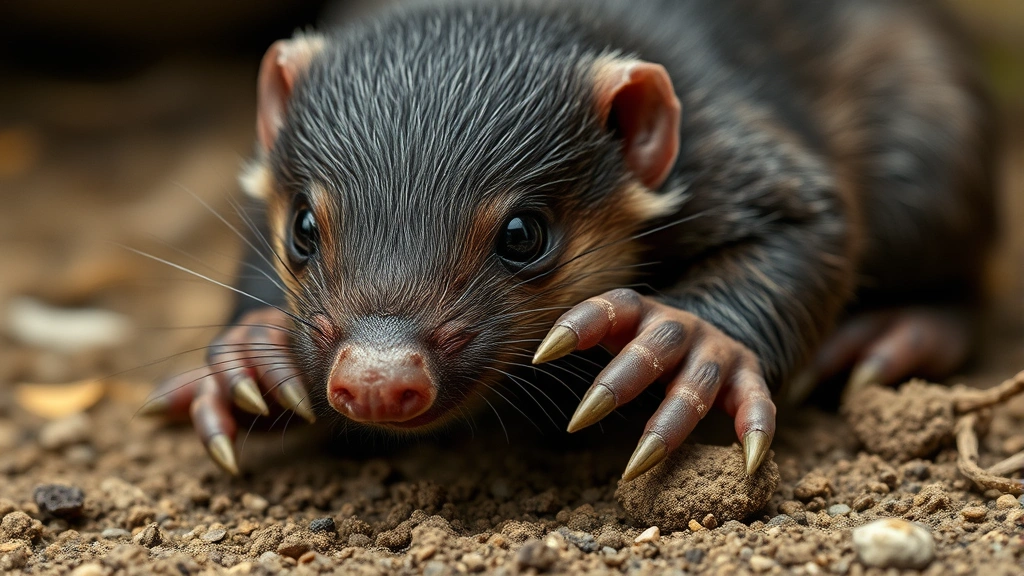 Close-up of baby mole's oversized front claws and powerful shoulders, showing specialized digging adaptations, realistic fur texture beginning to develop