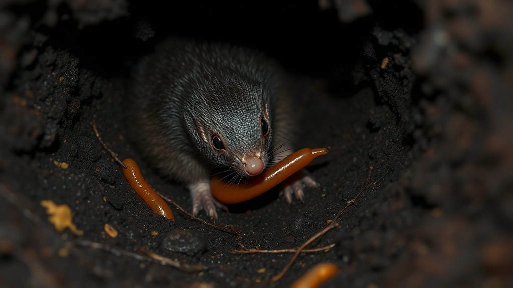 Baby mole navigating through underground tunnel system with earthworm prey, showing natural hunting behavior in dark soil environment with roots visible