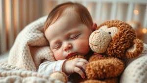 Adorable baby peacefully sleeping while hugging soft brown stuffed monkey toy, nursery setting, warm lighting, no text no words no letters