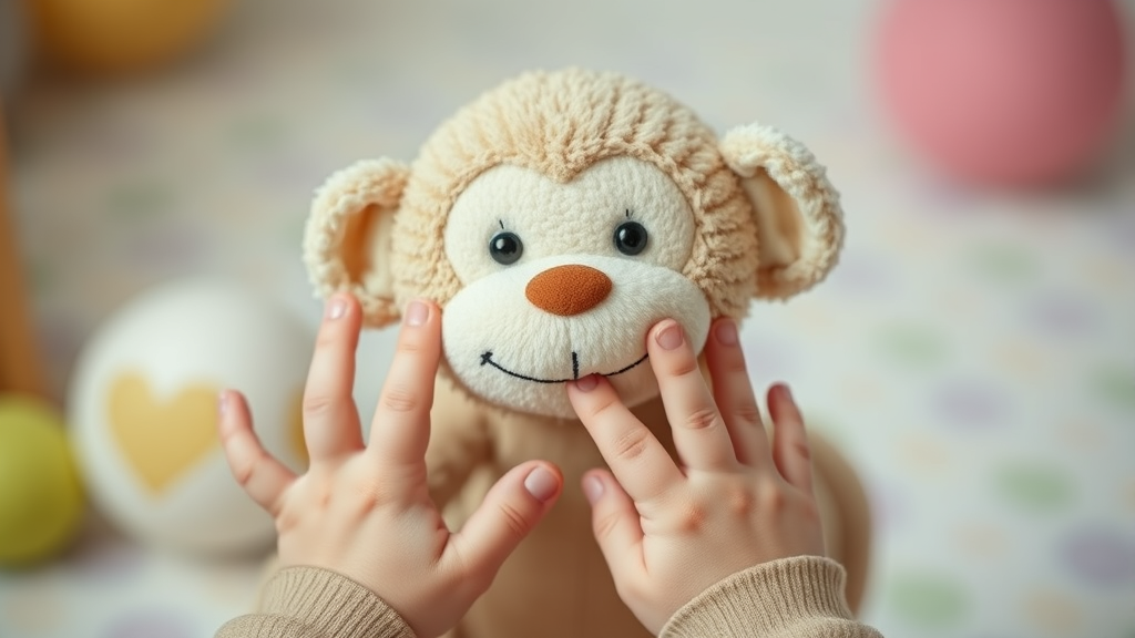 Baby hands reaching for cute plush monkey toy with friendly face, developmental play scene, soft pastel colors, no text no words no letters
