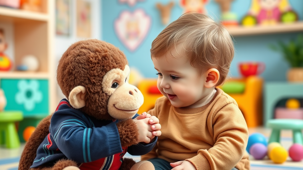 Toddler engaging in pretend play with stuffed monkey, imaginative playtime, colorful playroom background, no text no words no letters