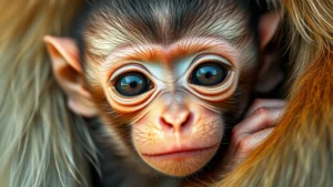 Close-up of a young baby monkey clinging to its mother's fur, with large expressive eyes and rounded facial features, soft natural lighting highlighting delicate facial details