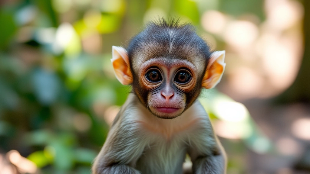 Baby monkey sitting upright looking curious at the camera with prominent forehead and oversized eyes, soft fur visible, natural jungle environment with dappled sunlight