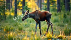 A newborn moose calf standing shakily on its long legs in a forest clearing surrounded by tall grass and wildflowers, with soft morning light filtering through trees.