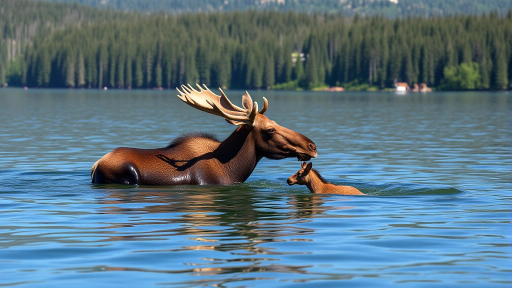 An adult female moose swimming in a pristine lake with her young calf alongside her, both partially submerged in clear water with forested shoreline in background.