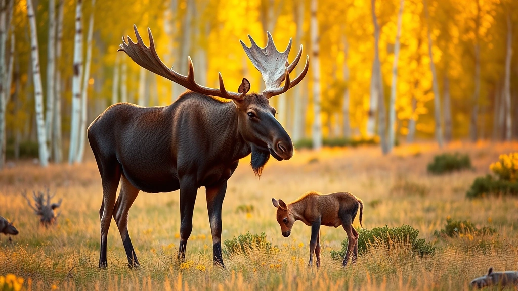 A protective mother moose standing alert in a meadow with her young calf nursing, surrounded by aspen trees and wildflowers during golden hour sunset lighting.