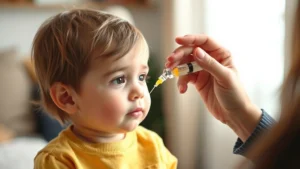 Parent measuring liquid medication with syringe for young child, focused and caring expression, warm home setting