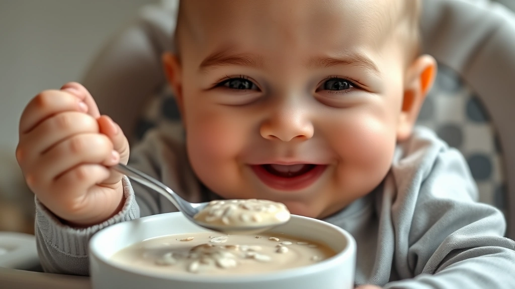 Close-up of a smiling 6-month-old baby with a spoon near their mouth, sitting in a high chair with a bowl of smooth oatmeal in front of them, soft natural lighting