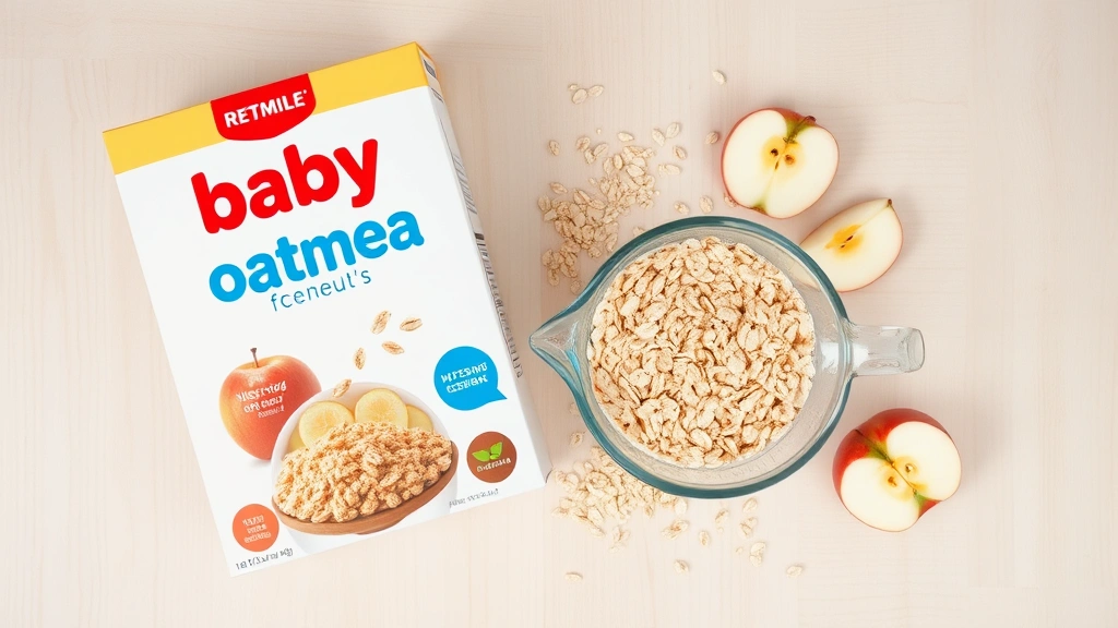 Overhead flat lay of baby oatmeal cereal box, a glass measuring cup with milk, a wooden spoon, and fresh apple slices on a light wood surface
