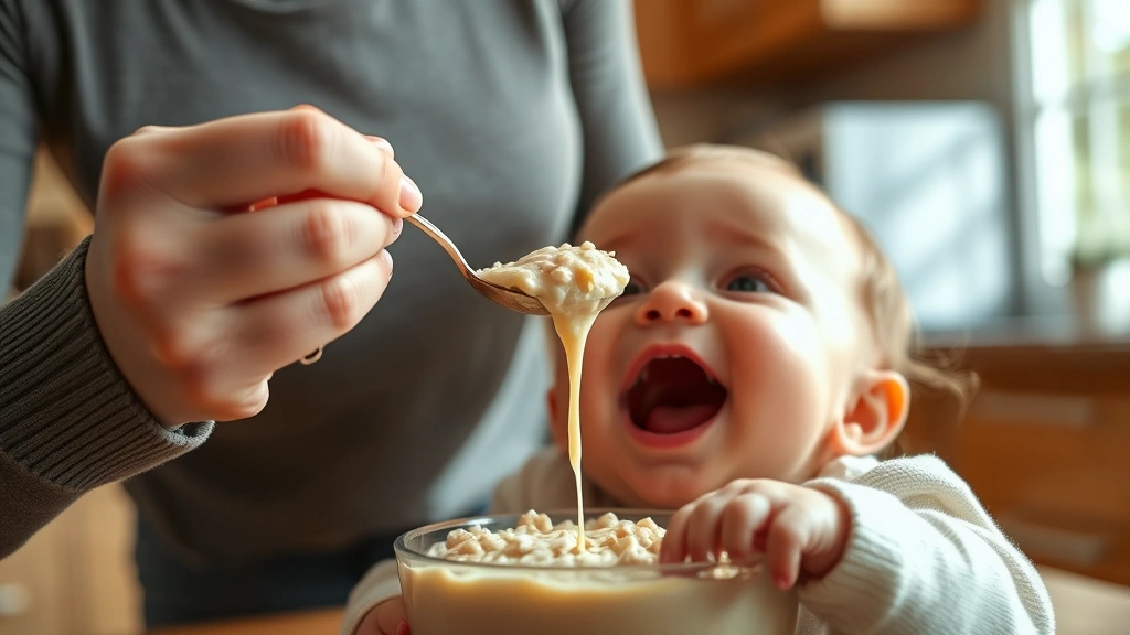 Hands of a parent spooning creamy oatmeal into a baby's mouth, baby showing delight, warm kitchen background with morning sunlight