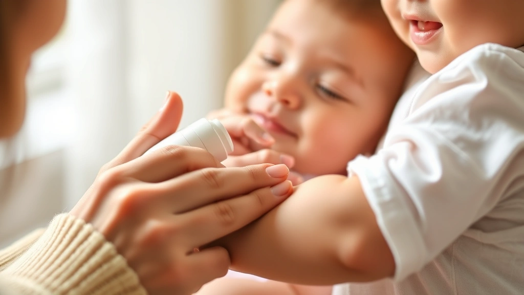Close-up of a parent's hands gently applying moisturizing product to a baby's arm, soft natural lighting, warm nurturing atmosphere, baby smiling peacefully