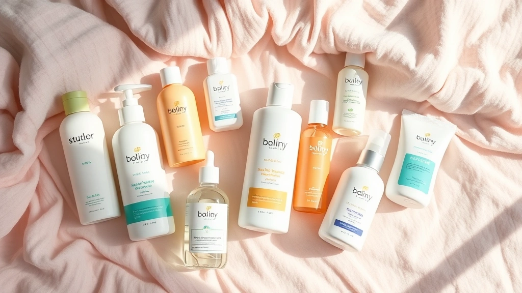 Flatlay arrangement of various baby skincare product bottles and containers on a soft pastel blanket, including gels and lotions, morning sunlight