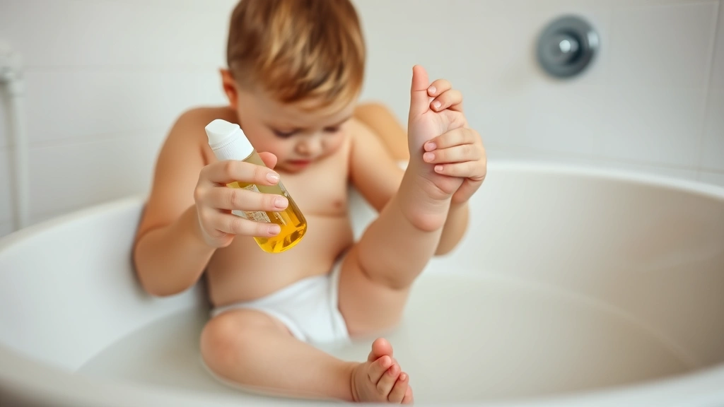 Parent carefully massaging baby oil gel onto infant's leg during bath time routine, calm bathroom setting, tender caregiving moment, soft diffused lighting