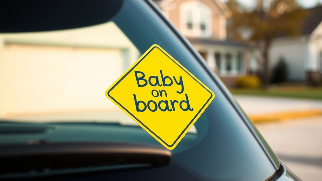 Close-up of a yellow diamond-shaped baby on board sticker on a car window, suburban driveway setting with blurred house in background, warm afternoon lighting