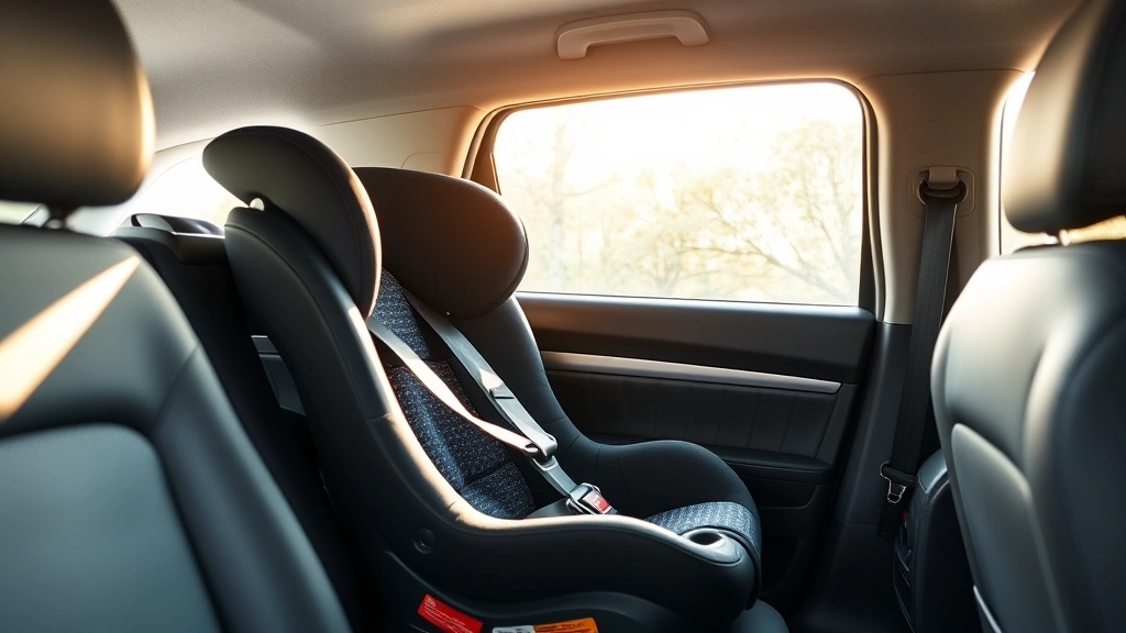 Interior car seat view showing properly installed infant car seat with harness straps, natural sunlight through window, clean modern vehicle interior