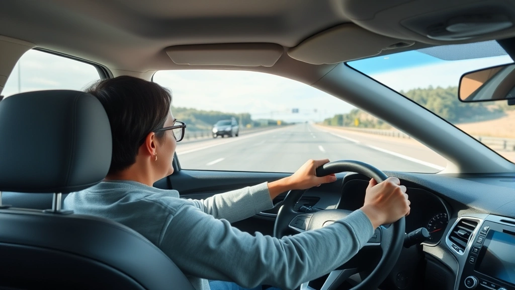 Parent driving attentively on highway with hands on steering wheel, focused expression, clear road ahead, daytime driving conditions, modern car dashboard visible