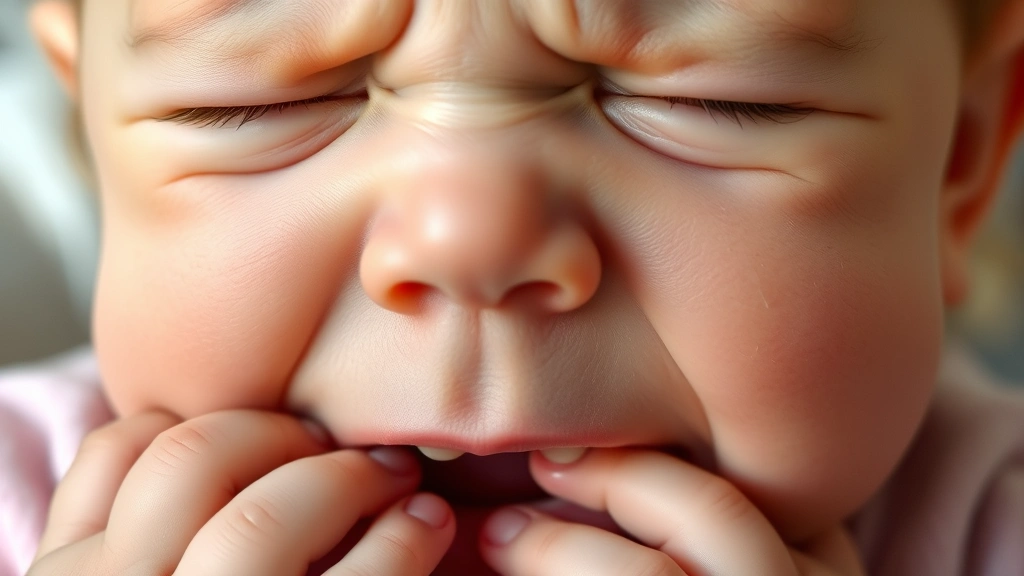 Close-up of a baby's face showing mild discomfort while teething, hands near mouth, soft natural lighting, gentle expression, realistic and candid