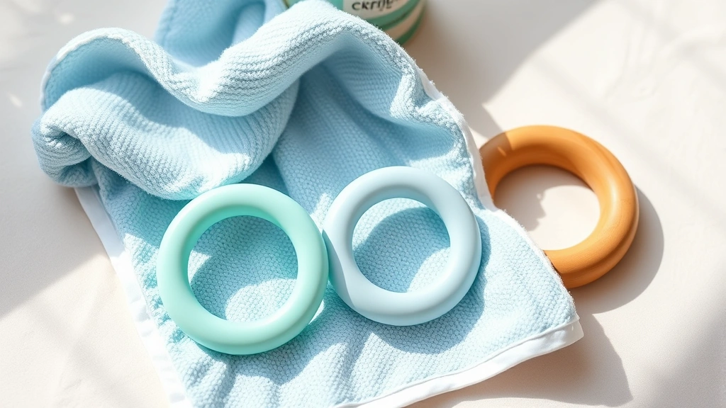 Variety of safe teething relief items arranged together: cold washcloth, silicone teething ring, and wooden teether on a soft surface, natural daylight
