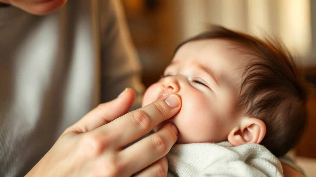 Parent gently massaging baby's gums with clean finger, tender moment, soft focus background, warm lighting, showing comfort and care technique