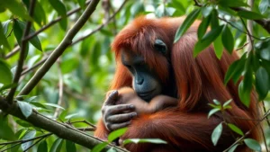 A mother orangutan with reddish-brown fur cradling her infant in the rainforest canopy, surrounded by green leaves and branches, showing tender maternal care.
