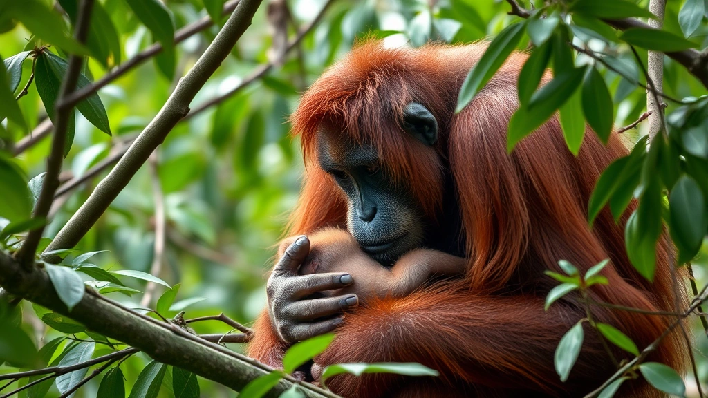 A mother orangutan with reddish-brown fur cradling her infant in the rainforest canopy, surrounded by green leaves and branches, showing tender maternal care.